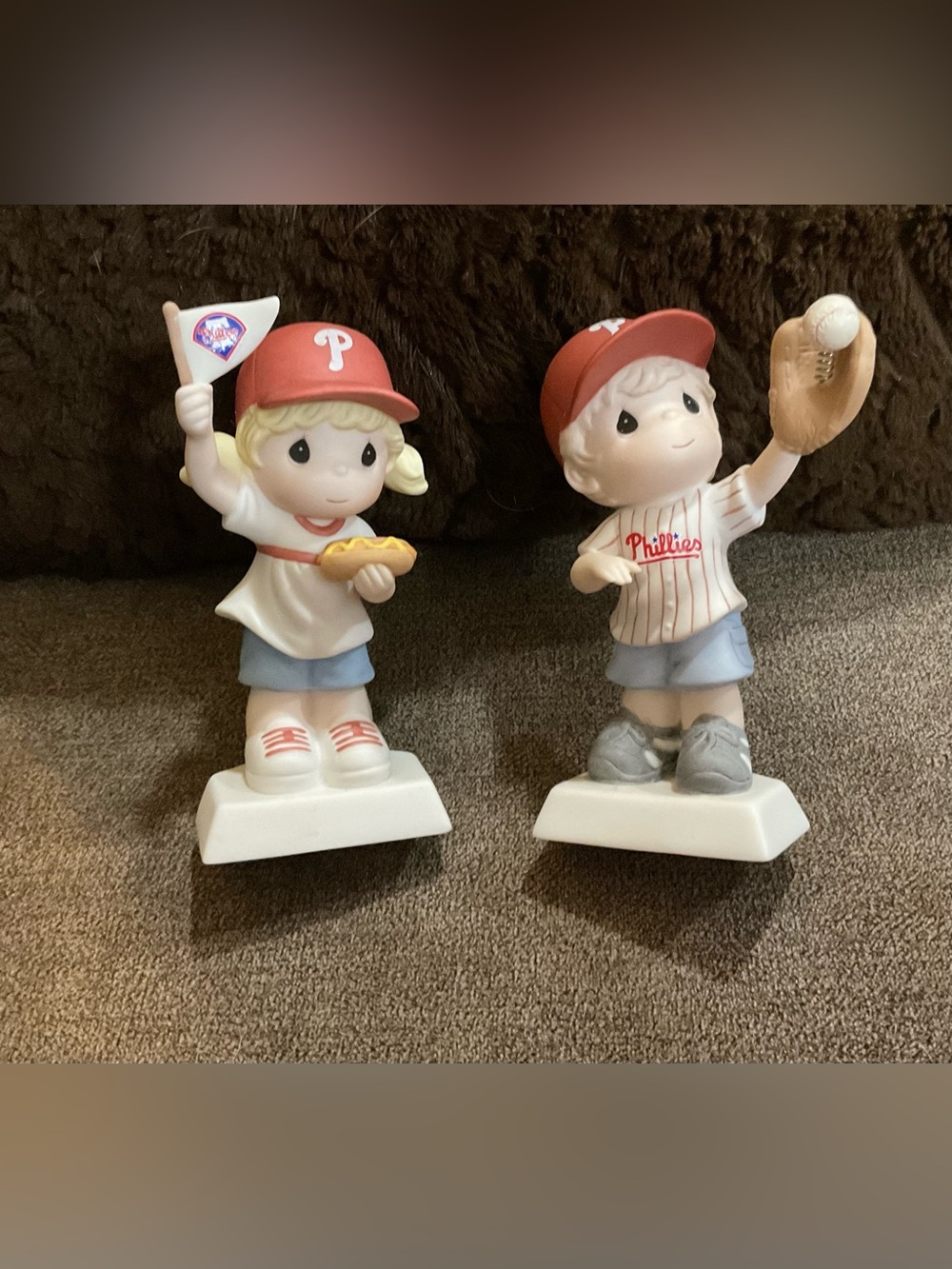 Precious Moments: Philadelphia Phillies set of 2 boy and girl porcelain figures.
